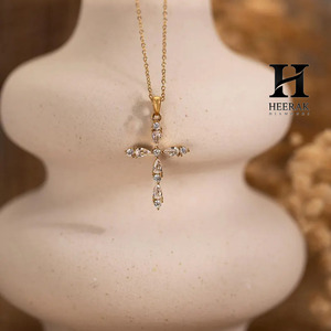 Pear Cut Lab Grown Diamond Cross <b>Pendant</b> 14K <b>Solid</b> <b>Gold</b> Minimalist Marquise Diamond Cross <b>Pendant</b> for Women IGI Certified - Product Image 2