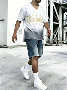 Conjunto de 2 Piezas de Ropa Urbana para Hombre: Camiseta con Cuello en V y Estampado de Letras Góticas en Degradado Blanco y Gris y Pantalones Cortos Cargo de Mezclilla - Product Image 6