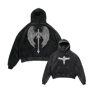 Sudadera con Capucha Aicd Wash con Estampado Gráfico Gótico, Sudadera Oversize con Estampado de Calavera y Alas, Estilo Grunge, Corte Casual - Product Image 1