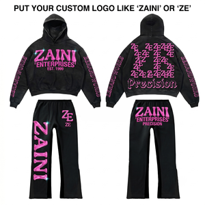 Ensemble de survêtement personnalisé pour homme en molleton de coton et polyester 400 GSM, noir avec empiècements latéraux roses, logo brodé et imprimé en relief, style streetwear - Product Image 1