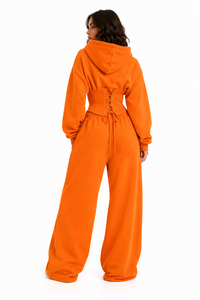 Ensembles de sweats à capuche et pantalons de survêtement à jambes larges en coton épais avec taille corset pour femme, logo personnalisé, polaire premium, mode streetwear, vente en gros - Product Image 2