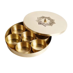 Wholesale Handcrafted Pure Brass Masala <b>Box</b> With Floral Engraved Lid 4 Compartment Traditional Indian Spice Organizer With Spoon - Product Image 6