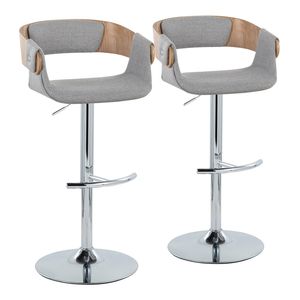 Taburete de Bar Ajustable Elisa de Estilo Moderno de Mediados de Siglo, con Base Giratoria de Metal Cromado y Madera Blanqueada, Tapizado en Tela Gris, con Reposapiés Redondeado en Forma de T - Product Image 1