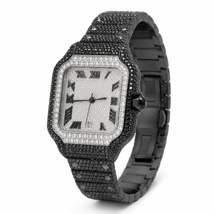 Reloj de Lujo de Dos Tonos con Incrustaciones de Moissanita, Correa de Acero Inoxidable Negra, Esfera Romana, Reloj de Cuarzo para Hombre - Product Image 4