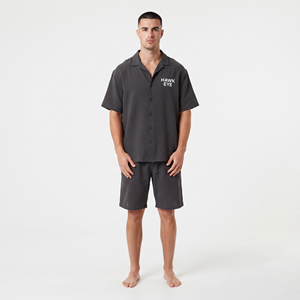Conjunto de camisa y pantalones cortos de moda para hombre, manga corta, con botones, color gris sólido, conjunto informal a juego para verano, venta al por mayor - Product Image 6