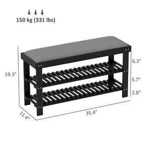 Panca Portascarpe Moderna a 3 Ripiani in Bambù con Cuscino e Design Regolabile per Ingresso e Corridoio - Nera - Product Image 3