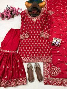 Top de chinon con bordado de secuencia de diseñador y bordado Zari, con pantalón sharara y dupatta, completamente cosido y listo para usar. - Product Image 6