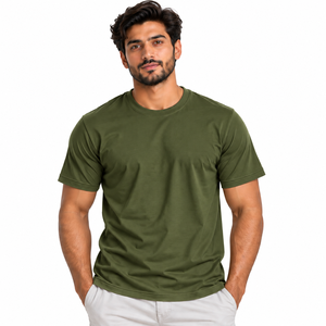 Camiseta de Algodón Verde Oliva para Hombre, Manga Corta, Cuello Redondo, Corte Regular, Color Sólido Informal, Tejido Jersey Transpirable - Product Image 1