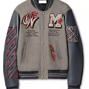 Blouson universitaire bleu pour homme 2026 avec manches crème, logo H brodé, fermeture éclair sur le devant, style preppy, pour l'automne - Product Image 5
