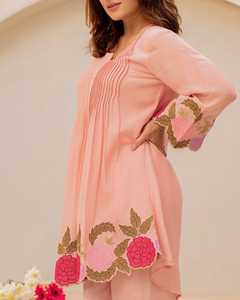 Ensemble Kurta et pantalon en coton rose brodé pour femme, coupe ample, longueur cheville, tenue décontractée style Inde Pakistan, tenue d'été - Product Image 5