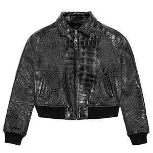 Chaqueta de Cuero Genuino con Patrón de Cocodrilo Negro de Lujo, Estilo Bomber, Abrigo de Piel Grabada Vintage, OEM - Product Image 1