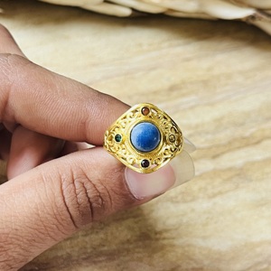 Premium Look <b>Lapis</b> <b>Lazuli</b> <b>Rings</b> Boho Brass <b>Rings</b> Women 18k Gold Plated Filigree Shield Cocktail Jewelry For Wholesale/OEM/ODM - Product Image 4