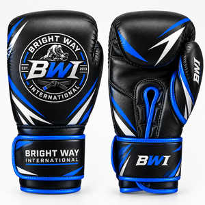 Gants de boxe Bright Way International en PU, noir et bleu, fermeture à lacets, sangle de poignet réglable, arts martiaux - Product Image 1