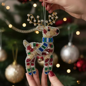 Handmade High Quality Beaded Rectangle Reindeer Ornament Christmas Tree Hanging Embroidered Holiday Decoration - Product Image 1
