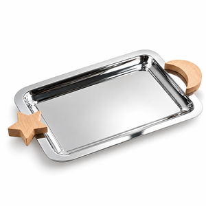 Star Accent Stainless Steel <b>Serving</b> <b>Tray</b> with Wooden Handles for Snack | Rectangular Silver Platter for Dining Table and <b>Parties</b> - Product Image 1