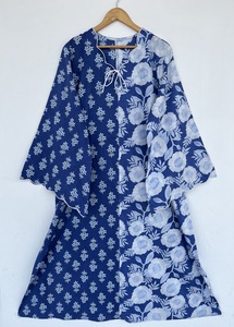 Vestido Maxi Kaftán de Algodón Tejido Floral Azul para Mujer al por Mayor, con Lazo Delantero, Ajuste Holgado, Estilo Vintage Streetwear, Dobladillo Acampanado, Ropa de Resort ODM - Product Image 5