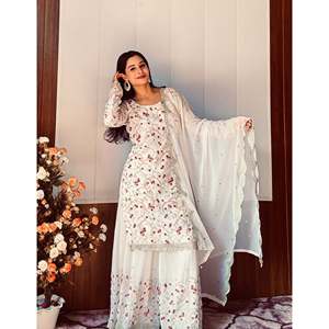 Designer Chiffon <b>Top</b>-Bottom and Dupatta with <b>Sequins</b> Thread Zari Work - Product Image 3