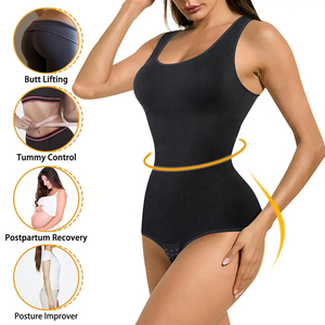Women One Piece Shapewear Tank Top With Shorts <b>Tummy</b> <b>Control</b> Ribbed Knitted Solid Black Spandex Polyester Seamless Fit - Product Image 4