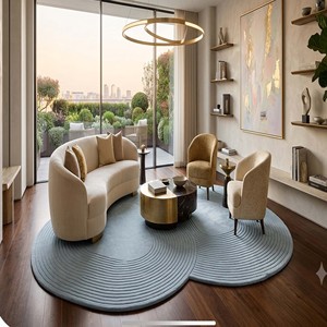Luxury Off White Textured <b>Wool</b> Rug Curved Shape Floor Carpet Modern Designer Home Decor Accent For Sophisticated Living Room Rug - Product Image 2