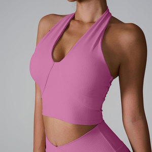 Soutien-gorge de sport léger pour femme, style européen et américain, col halter, gilet de yoga, absorption des chocs avant, côtelé, ajusté, maintien moyen - Product Image 2