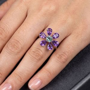 Anillo Clásico de Plata de Ley 925 con Topacio Azul y Amatista, Joyería Plateada para Mujer, para Bodas - Product Image 6