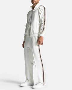 Ensemble de survêtement deux pièces pour homme, très demandé, avec sweat à capuche zippé blanc et pantalon rayé, respirant, vêtements de sport - Product Image 1