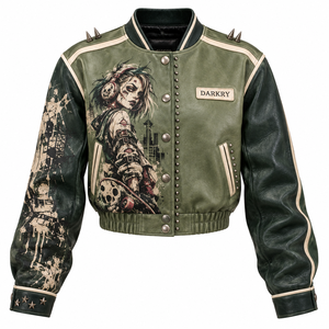 Chaqueta Bomber Varsity de Cuero Genuino Verde Oliva para Mujer con Diseño de Calavera Personalizado y Puños con Estrellas, Servicio de Fábrica OEM - Product Image 1