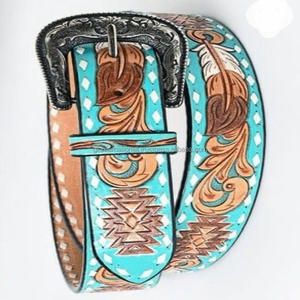 Ceinture pour hommes en cuir véritable gravée à fleurs occidentales avec motif floral turquoise Design ceinture de cowboy élégant ensemble de boucles antiques - Product Image 1