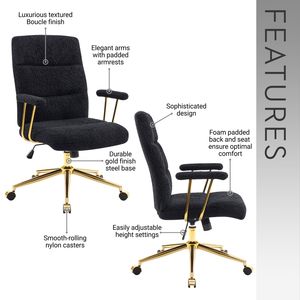 Modern Black and Gold Textured Boucle Fabric Office Chair <b>Height</b> <b>Adjustable</b> <b>Desk</b> Chair with Padded Arms - Product Image 3