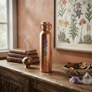 Botella de Agua de Cobre Premium con Diseño de 7 Chakras y Agarre |   Botella Ayurvédica Hecha a Mano para Viajes de Yoga, Regalo, Exportador Mayorista Profesional - Product Image 5