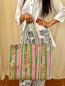 Top Grade Orange Jungle Safari Zebra Leopard Cotton Kantha Quilted Storage Tote <b>Bag</b> Women Shoulder Travel Carrying Handbag Strip - Product Image 4