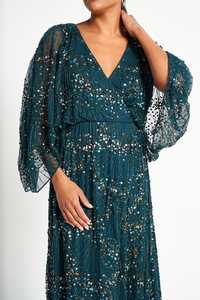 Vestido de Noche Maxi Vintage Verde Azulado con Lentejuelas, Cuello en V, Manga Linterna, Cintura Imperio, de Gasa, Corte A y Logotipo Frontal - Product Image 6