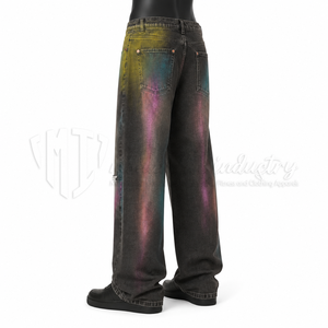 Jeans pour hommes personnalisés, noirs délavés, taille mi-haute, coupe ample, en denim épais, effet délavé par pulvérisation de couleur, style streetwear, vente en gros - Product Image 5