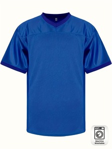 Chemises amples personnalisées en maille respirante à col en V, coupe oversize, bleues, anti-humidité, avec empiècements en maille noire - Product Image 1