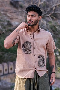 Handmade Men’s Dusty <b>Rose</b> Cotton Short Sleeve Shirt Hand-Block Printed Breathable Summer Casual Button-Down <b>Top</b> - Product Image 5