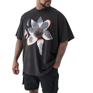 Camiseta de Algodón Negra Extra Grande para Hombre, Cuello Redondo, Manga Corta, Estampado Floral, Estilo Urbano, Transpirable - Product Image 1