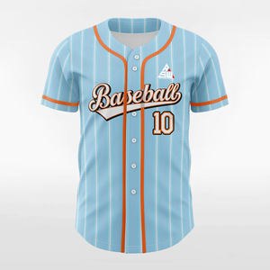 Camiseta de Béisbol Azul Cielo Sólido Personalizada 2025 con Ribete Naranja, Uniforme de Equipo con Botones, Nombre y Número Personalizados, Estilo Profesional, Venta al Por Mayor, Manga Corta - Product Image 1