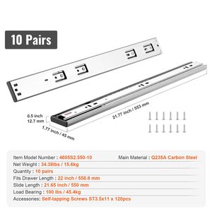 Guide scorrevoli per cassetti da 22 pollici, a estrazione totale, in acciaio rinforzato, con chiusura ammortizzata e silenziosa, per guide laterali (10 paia) - Product Image 4
