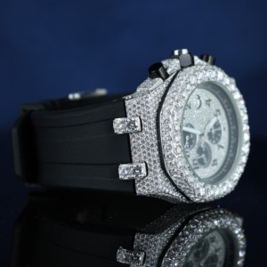 Montre chronographe de luxe en acier inoxydable glacé, avec lunette entièrement sertie de diamants Moissanite CZ, montre à quartz pour homme, bracelet en caoutchouc noir - Product Image 4