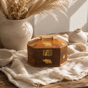 Wooden Jewelry Box Polygon Shape Carved Elephant Design Wabi Sabi Style <b>Storage</b> Box for Bedroom <b>Storage</b> Box Decorative Use - Product Image 5