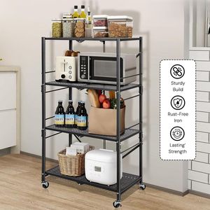 Étagère de rangement de cuisine pliable à 4 niveaux avec roulettes |   Chariot métallique robuste avec étagère mobile (noir) - Product Image 2