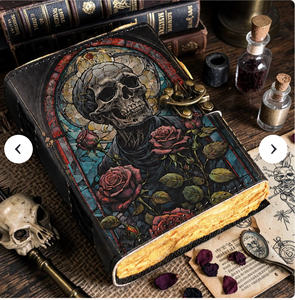 NEW ERA Leather Hardcover Gothic Skull Lover <b>Diary</b> Stained Glass Rose Design Vintage Deckle Edge Thread Sewing 100 Sheets Gift - Product Image 3