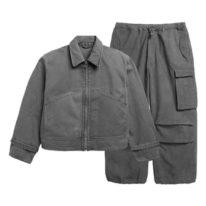 Custom Logo Winter Men's High Street Style 100% Bamboo Fiber Work Cargo Jacket Track Pants Set Embossed Breathable Woven - Product Image 5