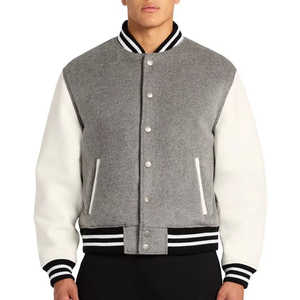 Chaqueta Varsity Gris Blanca para Hombre, Lana y Poliéster, Estilo Casual de Béisbol, Cierre de Cremallera, Cuello Camisero, Corte Regular, para Otoño - Product Image 4