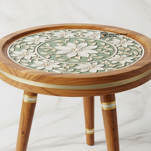 Green Meena Design Wooden <b>Stool</b> – Handcrafted Round Decorative Tripod <b>Stool</b> - Product Image 5