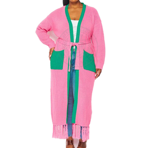 Cárdigan de punto acrílico Sorority Alpha para mujer, a rayas rosa y verde, con bordado griego de la letra AKA, cuello en V, estilo universitario - Product Image 4