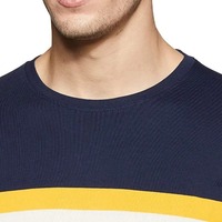 T-shirt à manches courtes rayé col rond pour homme, tricoté, coupe décontractée, color block bleu marine, jaune et blanc