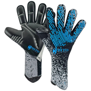 Custom Design Black and Blue Kint Soccer Goalkeeper <b>Gloves</b> with 4mm German Latex Emboss Negative Cut - Product Image 4