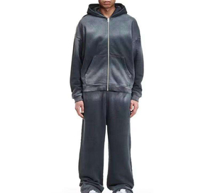 Survêtements personnalisés d'été respirants en molleton délavé à l'acide, coupe évasée, avec fermeture éclair, 360 GSM, ensemble de jogging à jambe droite, sweats à capuche et pantalons de survêtement effet usé - Product Image 5