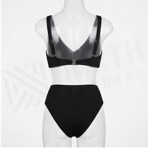 Ensemble bikini noir côtelé 2 pièces avec décoration florale 3D, col en V profond, taille haute, maillot de bain pour femme - Product Image 2